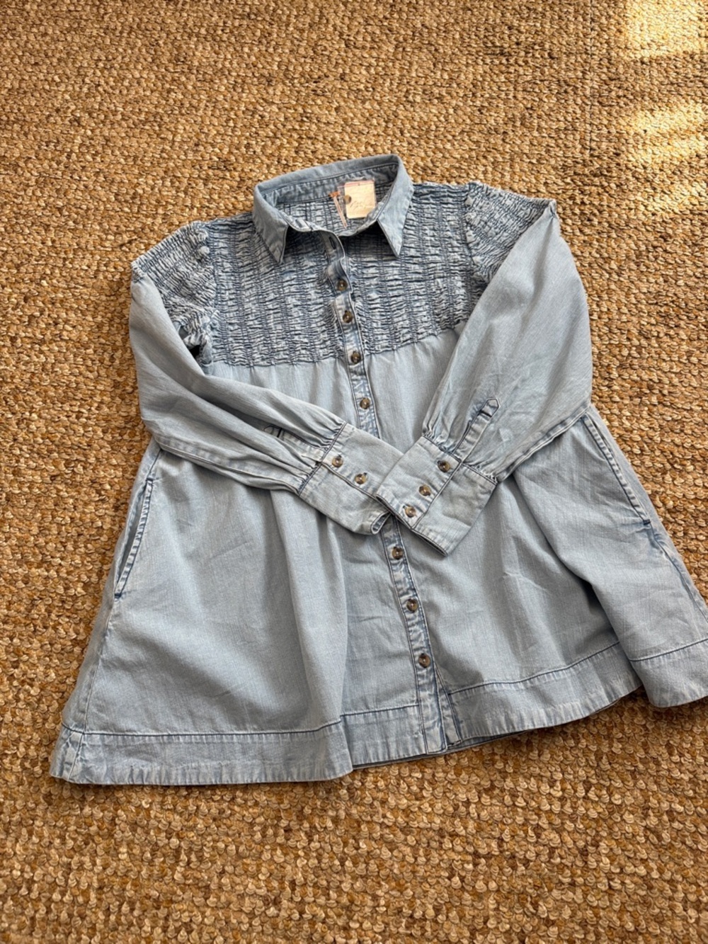 Free People Washed Blue Smocked Denim Mini Dress - Picture 2 of 9